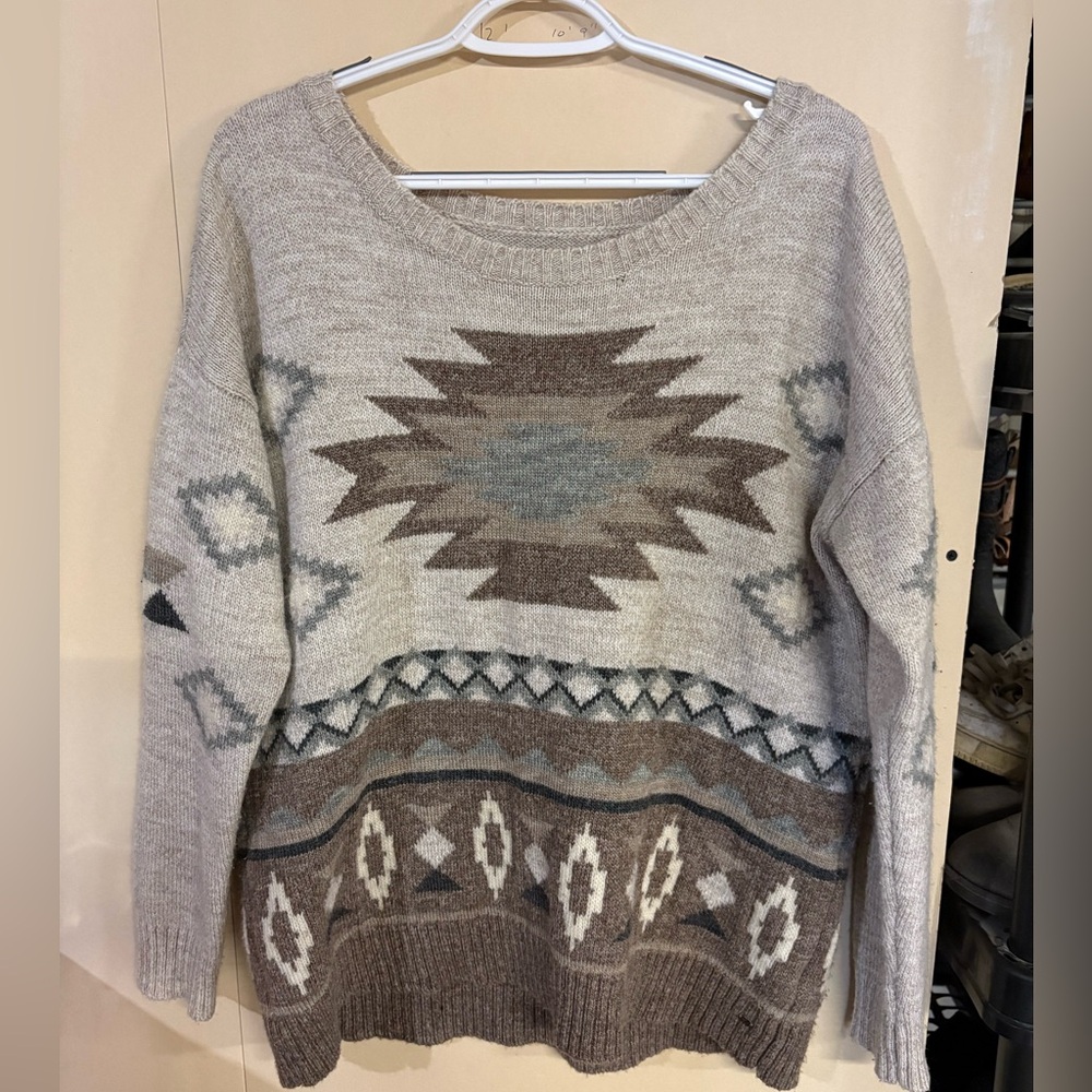 American Eagle Outfitters Wool Blend Aztec Argyle Knit Sweater Grey Brown